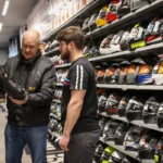 Ein Kunde und ein Mitarbeiter besprechen Motorradbekleidung in einem Fachgeschäft, während Regale voller Helme im Hintergrund stehen.
